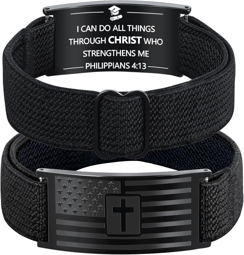 LDOWWGL Valentines Day Gifts - Mens Bracelet - American Flag Christian Cross Bracelet for Boys - Adjustable Black Elastic Stretch Strap with Bible Verse - Gift for Son Grandson - Image 1